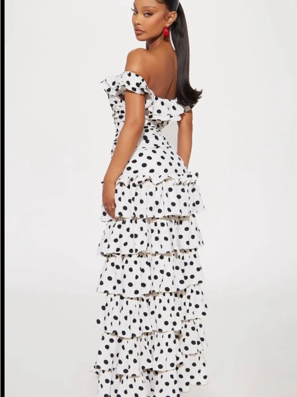 Fashion Nova White & Black Polka Dot One-Shoulder Ruffle Maxi Dress - Picture 6 of 11